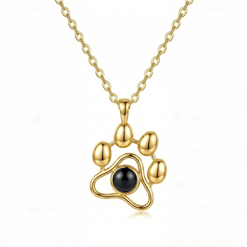 Personalized Paw Print Photo Projection Necklace - Gold