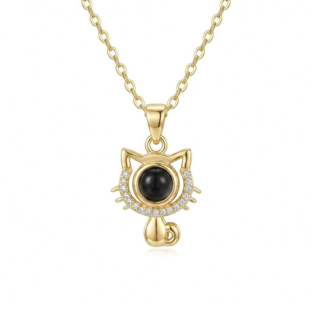Personalized Cat Pendant Photo Projection Necklace - Gold