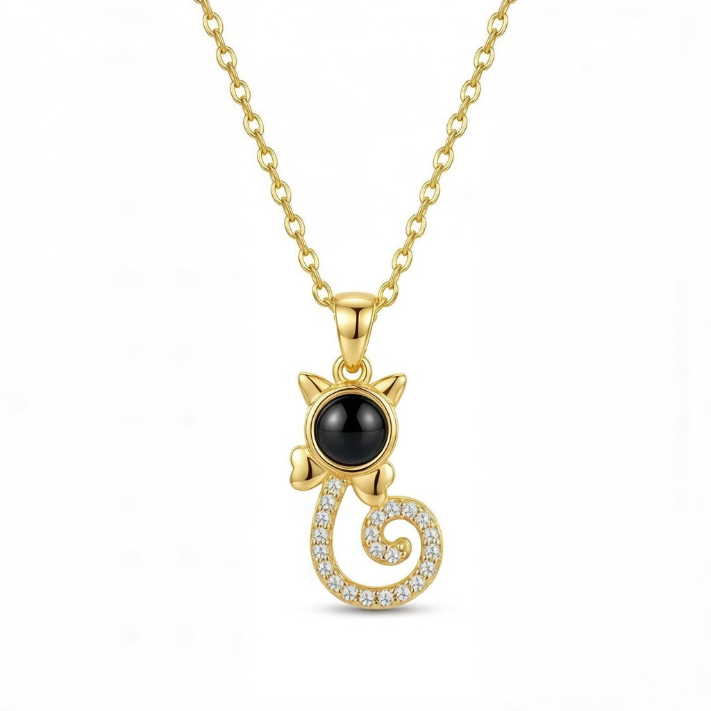 Personalized Cat Silhouette Photo Projection Necklace - Gold