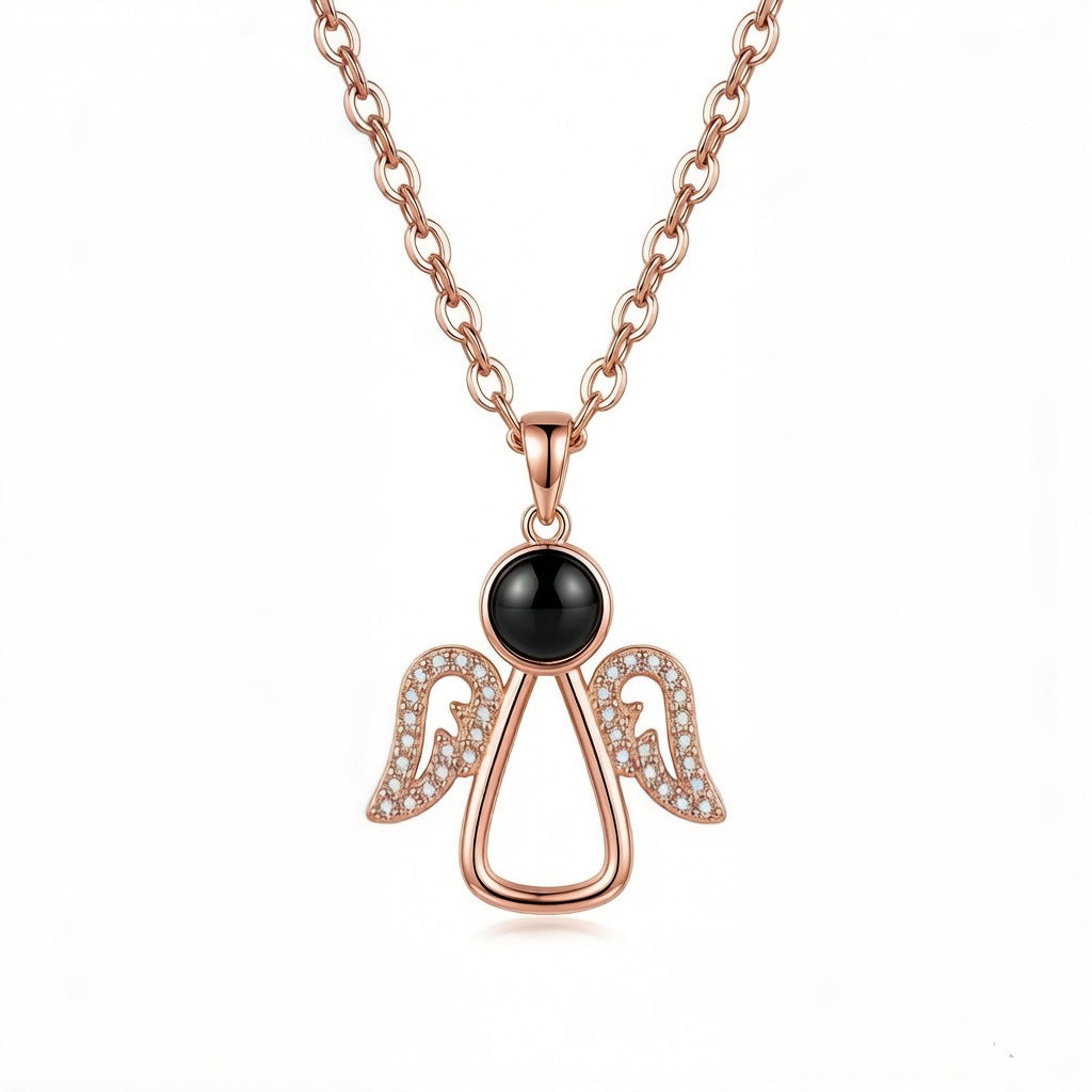 Personalized Angel Wing Photo Projection Necklace - Rose Gold