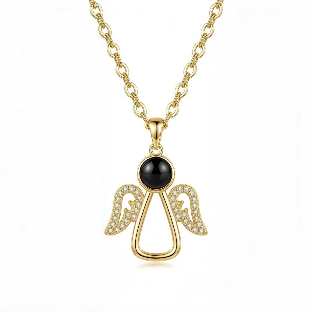 Personalized Angel Wing Photo Projection Necklace - Gold