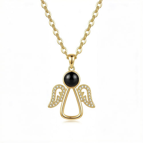 Personalized Angel Wing Photo Projection Necklace - Gold
