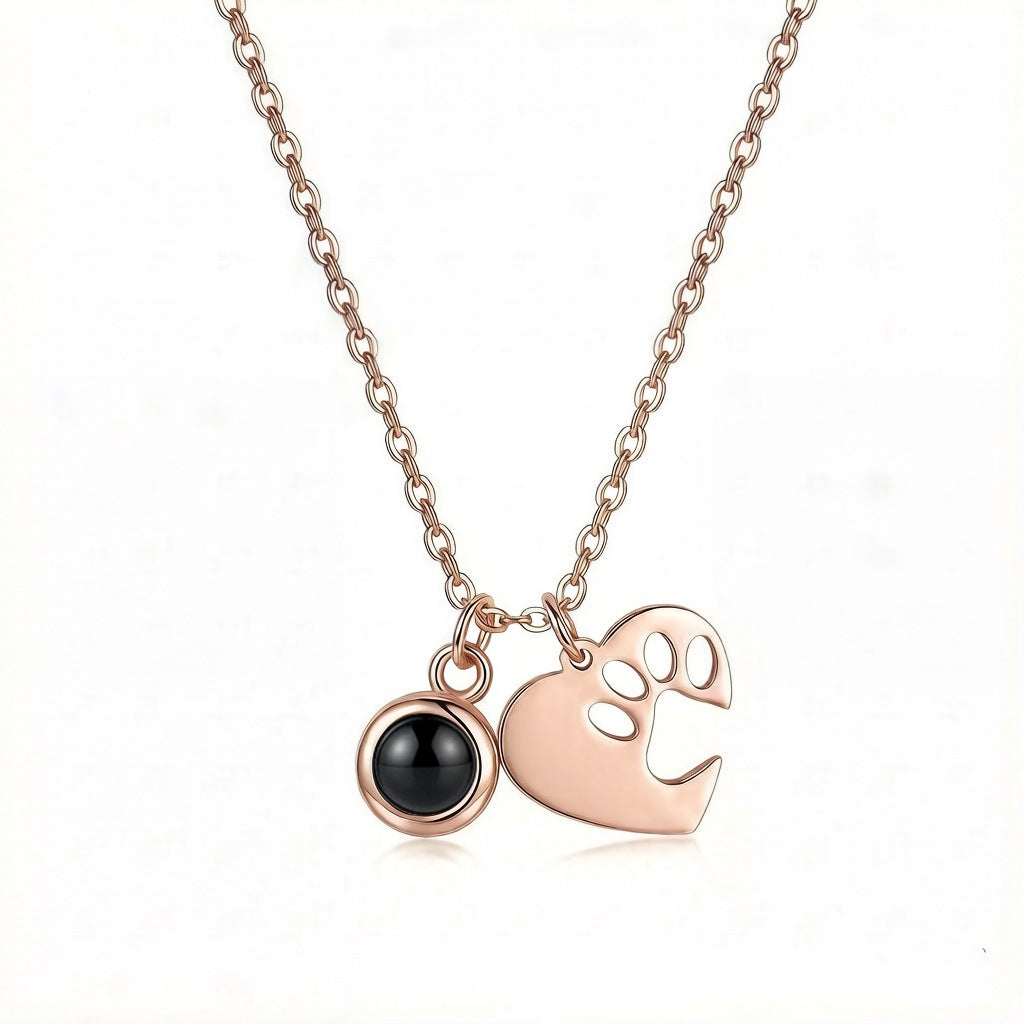 Personalized Paw and Heart Photo Projection Necklace - Rose Gold