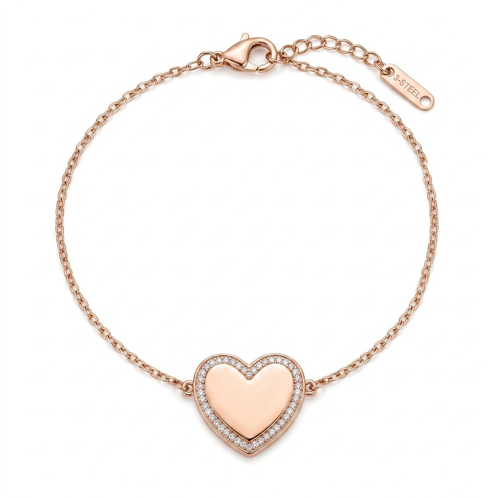 Personalized Crystal Heart Photo Locket Bracelet - Rose Gold