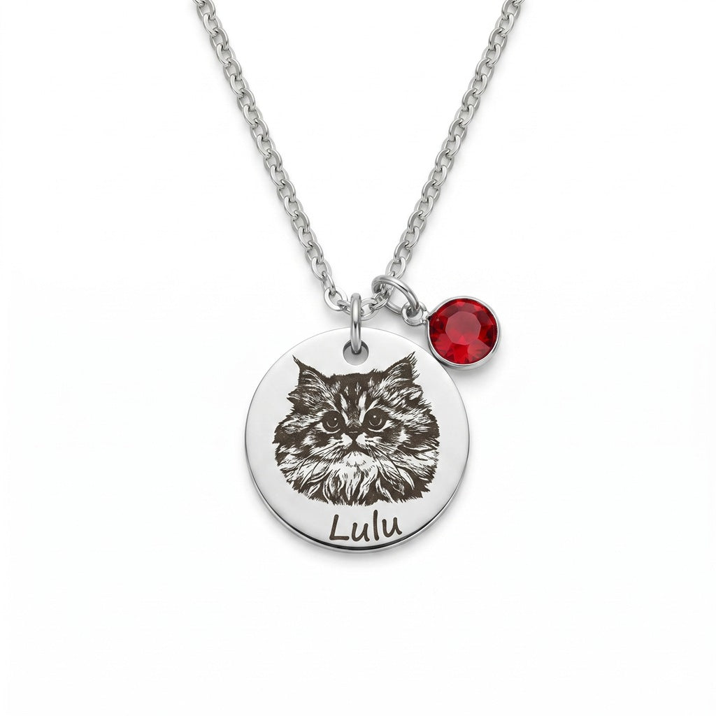 Personalized Engraved Pet Portrait Necklace With Birthstone