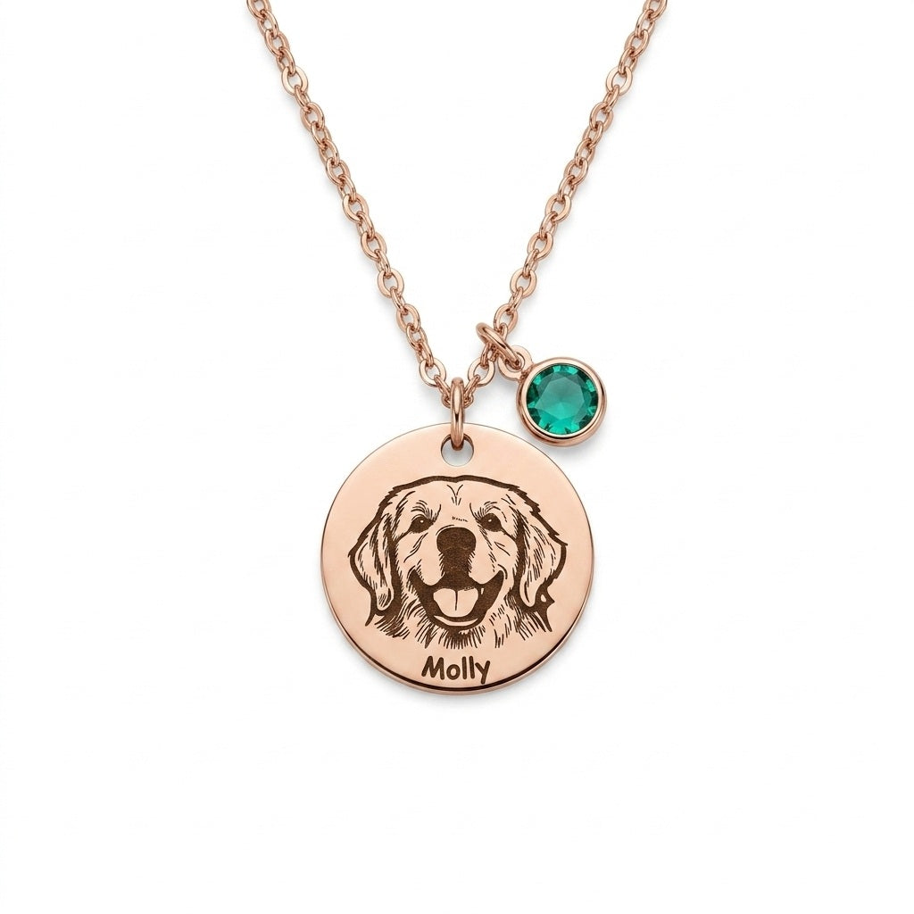 Personalized Engraved Pet Portrait Necklace With Birthstone