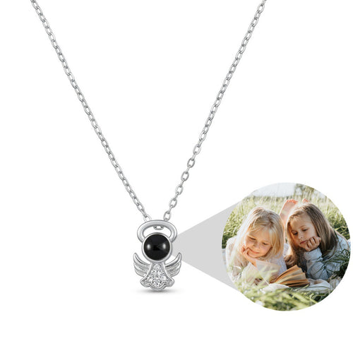 Personalized Angel Memorial Photo Projection Necklace - Silver