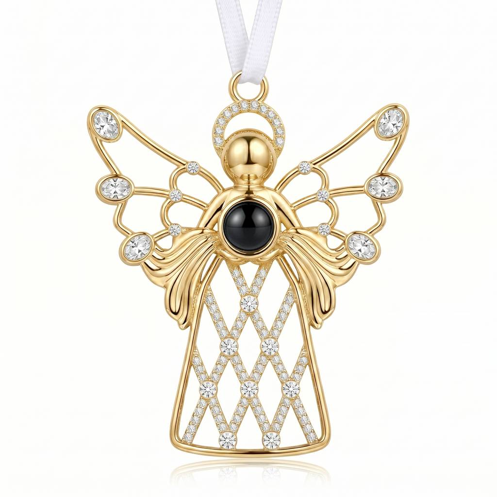 Personalized Angel Photo Projection Ornament With Crystal Lattice Skirt - Gold
