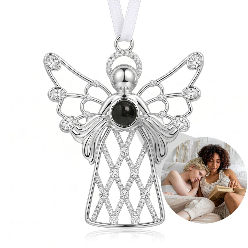Personalized Angel Photo Projection Ornament With Crystal Lattice Skirt - Silver