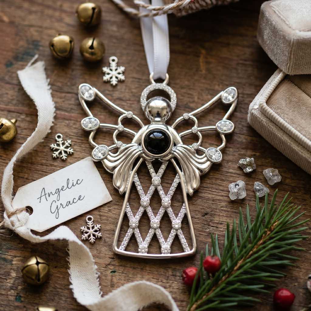 Personalized Angel Photo Projection Ornament With Crystal Lattice Skirt - Silver1