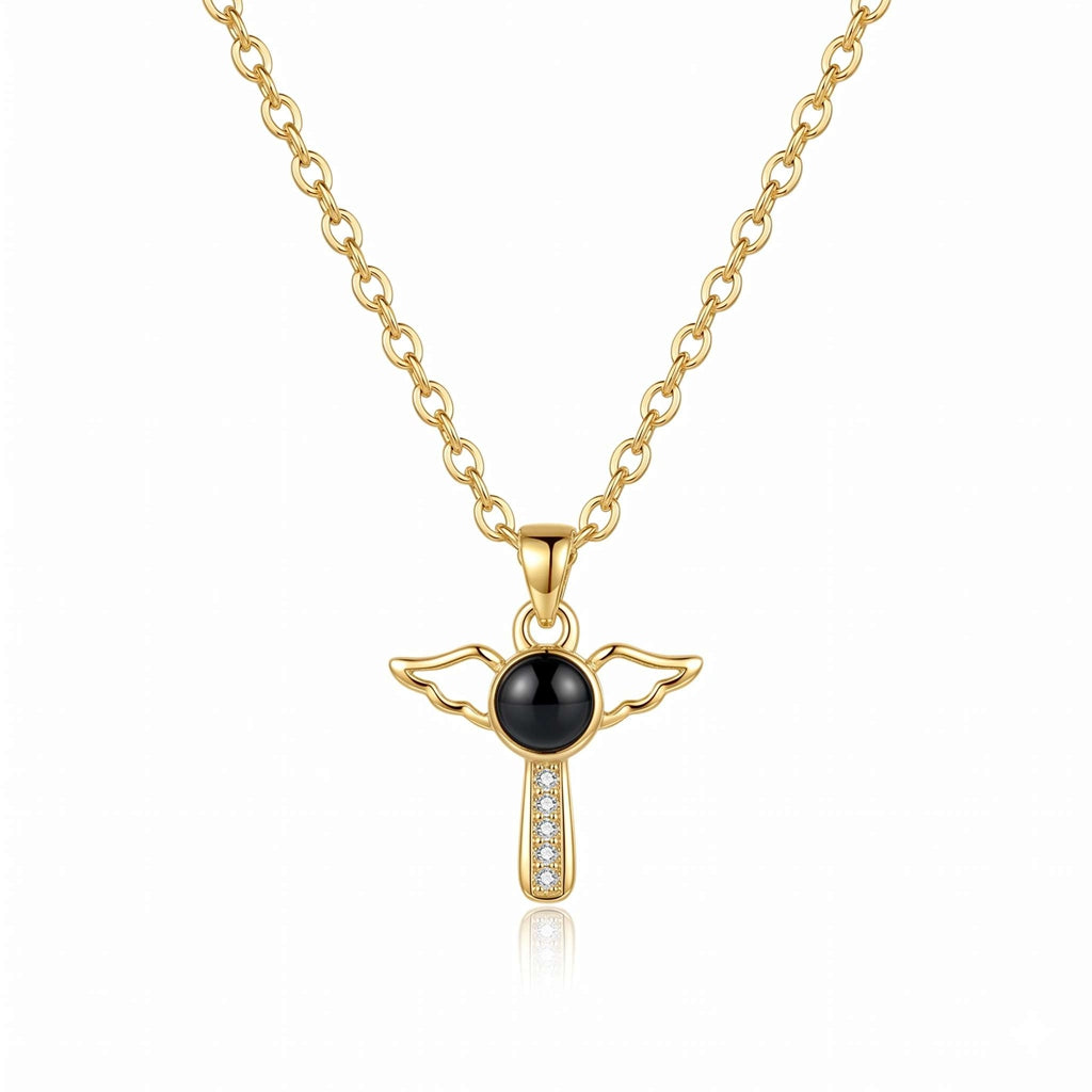 Personalized Angel Wing Cross Photo Projection Necklace - Gold