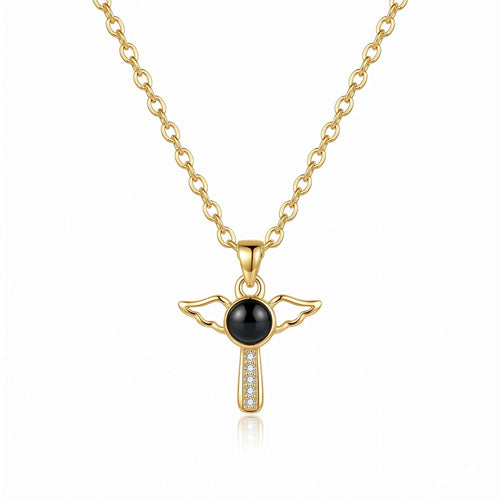 Personalized Angel Wing Cross Photo Projection Necklace - Gold