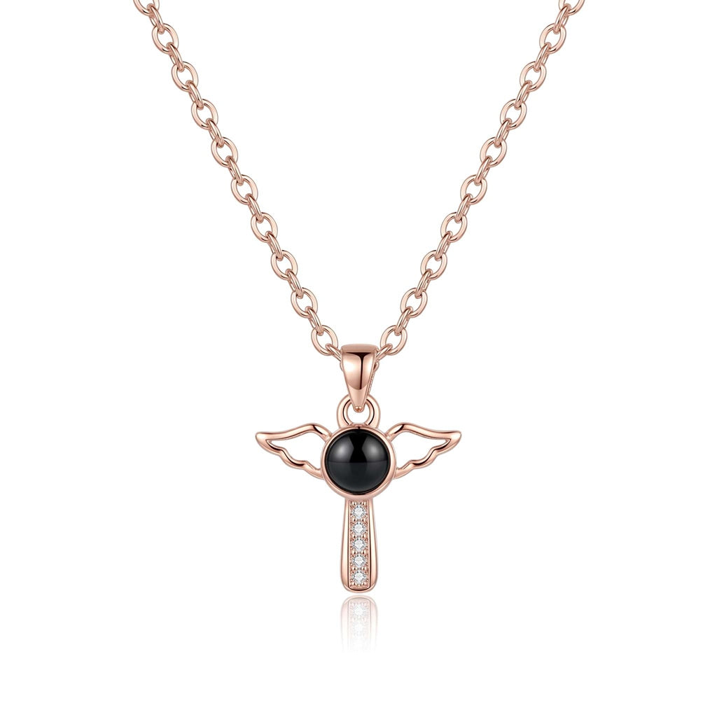 Personalized Angel Wing Cross Photo Projection Necklace - Rose Gold