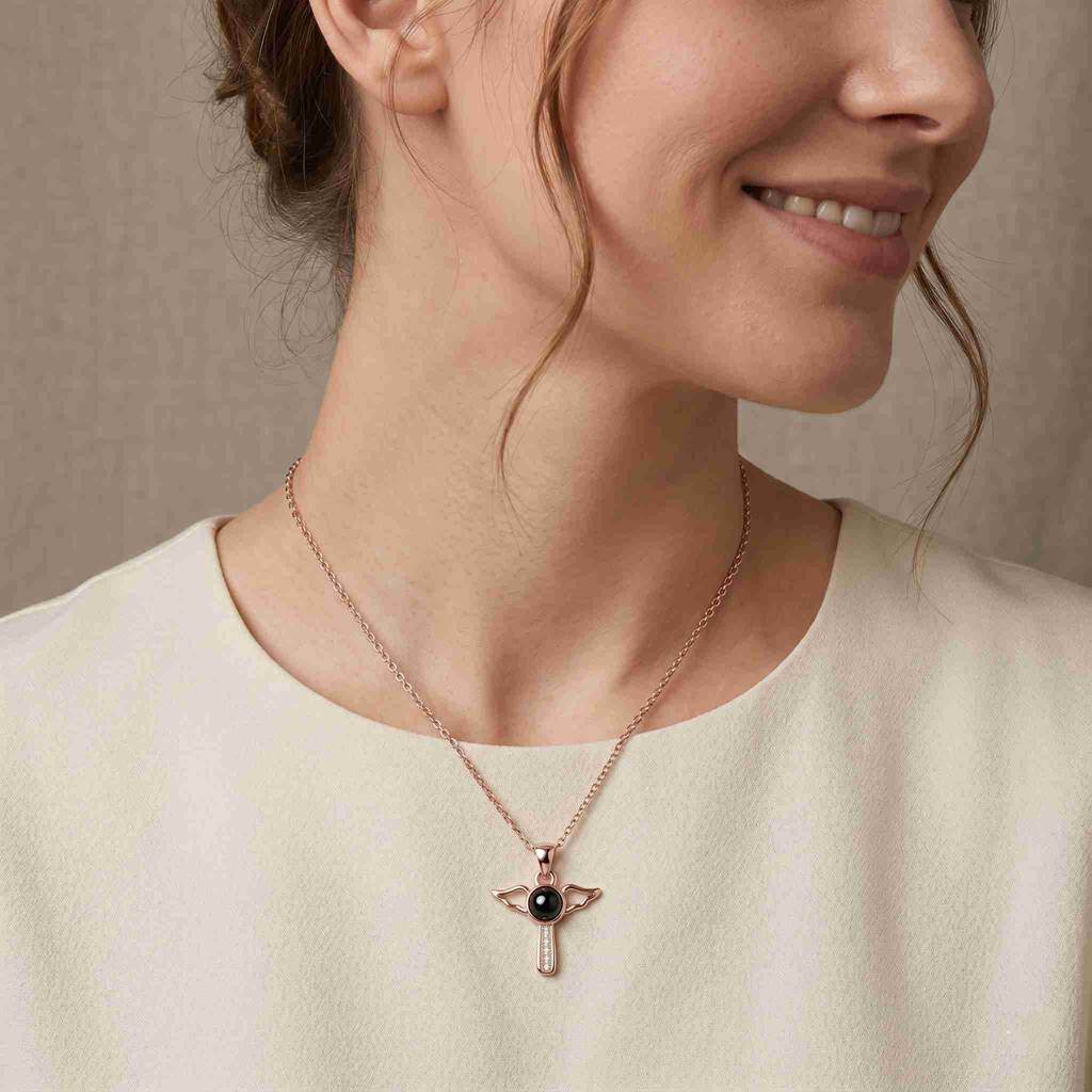 Personalized Angel Wing Cross Photo Projection Necklace - Rose Gold