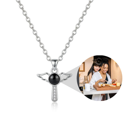 Personalized Angel Wing Cross Photo Projection Necklace - Silver