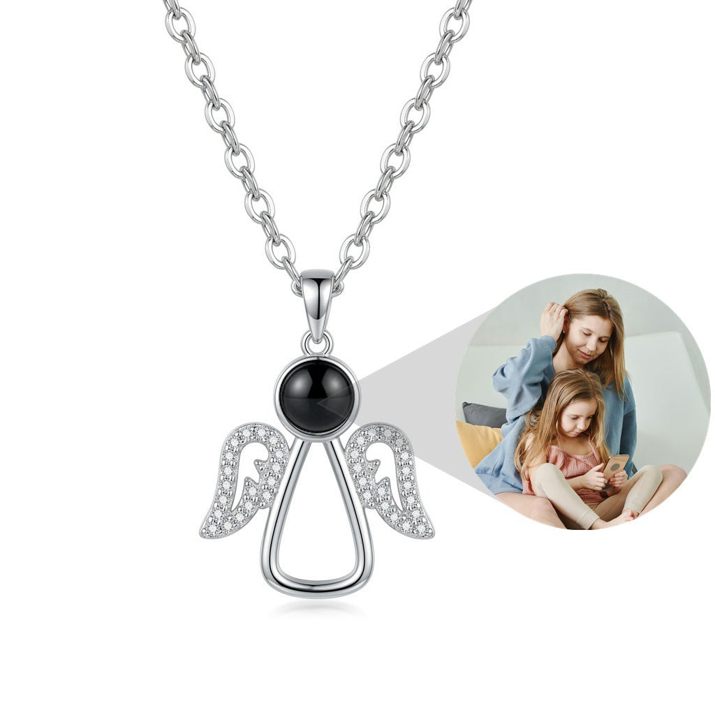Personalized Angel Wing Photo Projection Necklace - Silver