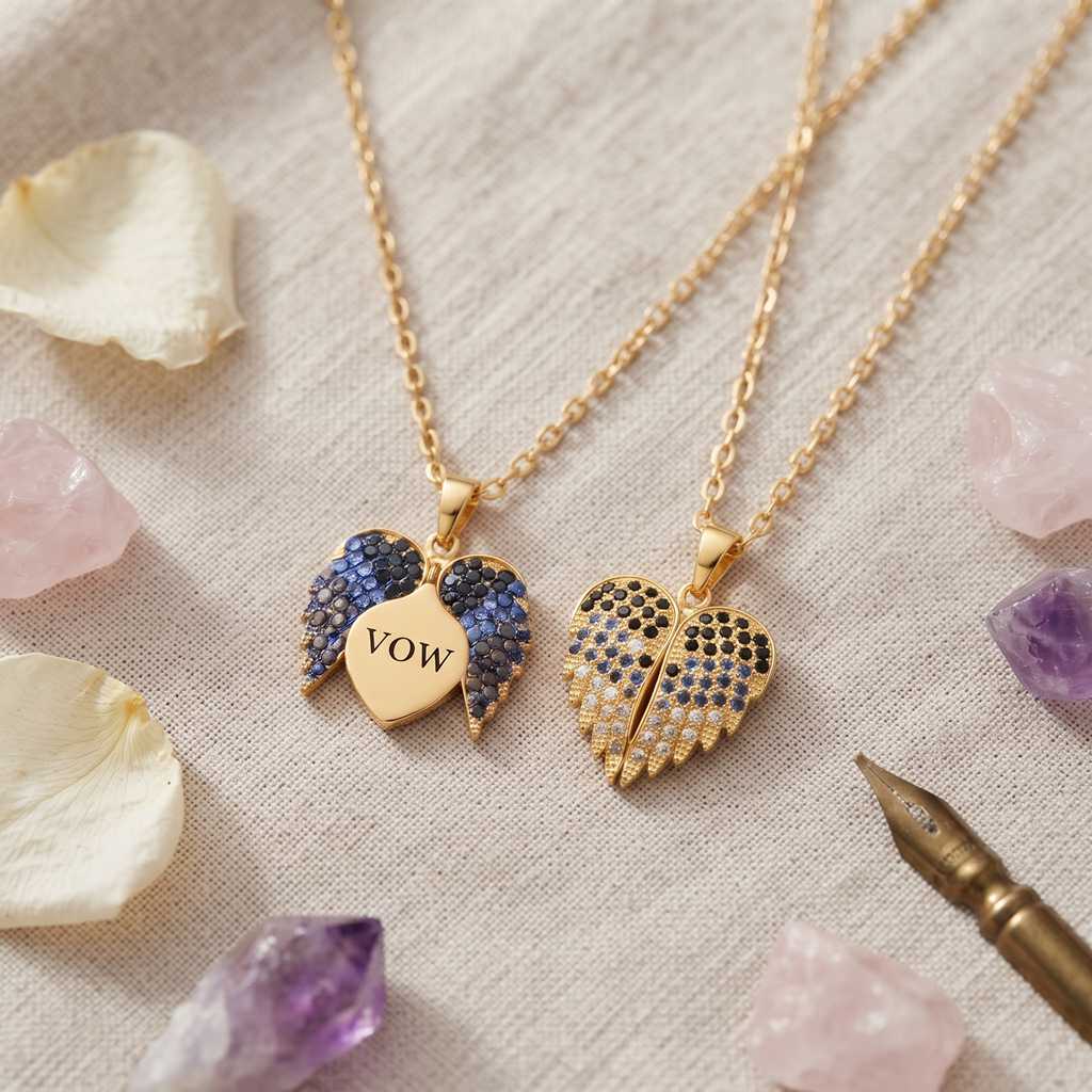 Personalized Angel Wings Engravable Heart Necklace with Ombré Cubic Zirconia 