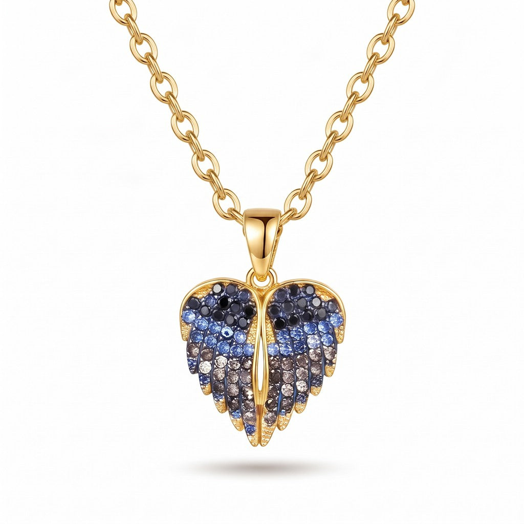 Personalized Angel Wings Engravable Heart Necklace with Ombré Cubic Zirconia - Blue