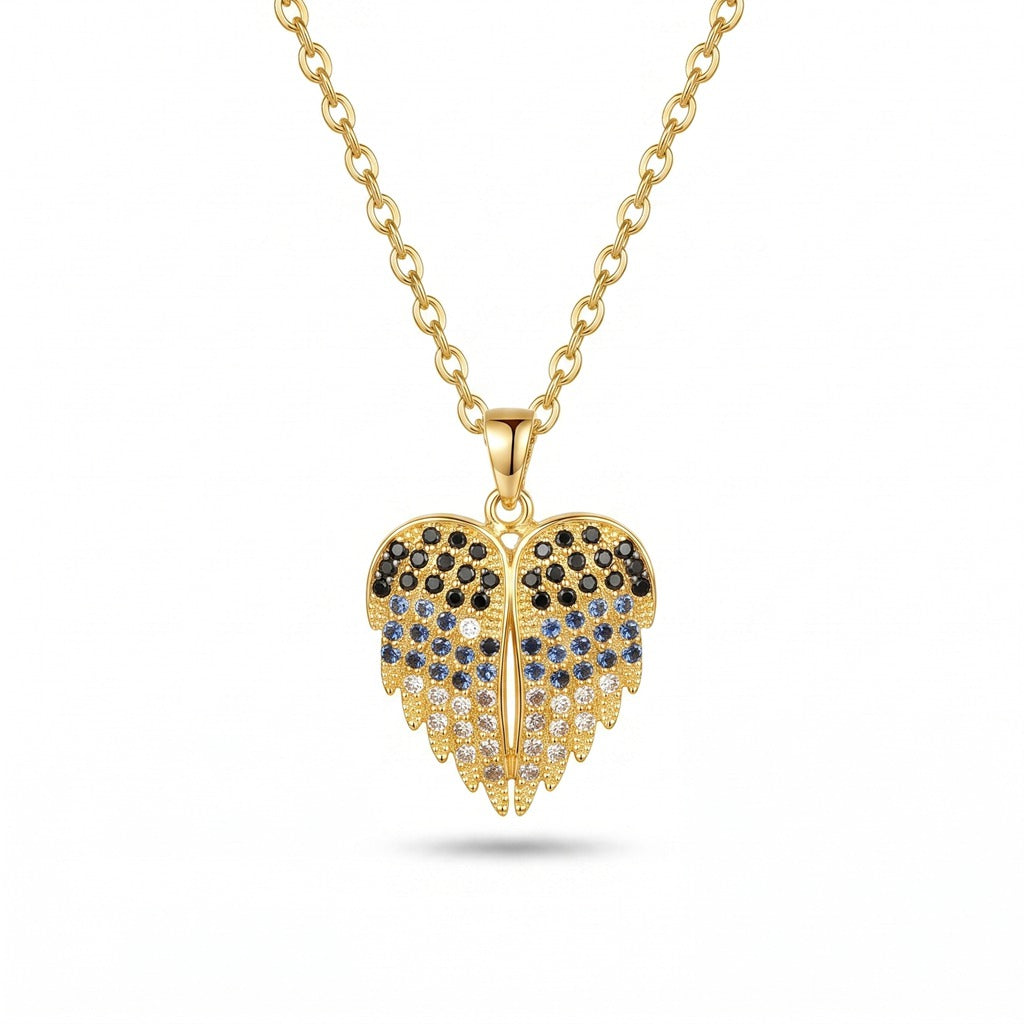 Personalized Angel Wings Engravable Heart Necklace with Ombré Cubic Zirconia - Gold