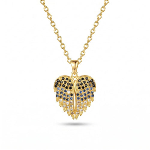 Personalized Angel Wings Engravable Heart Necklace with Ombré Cubic Zirconia - Gold