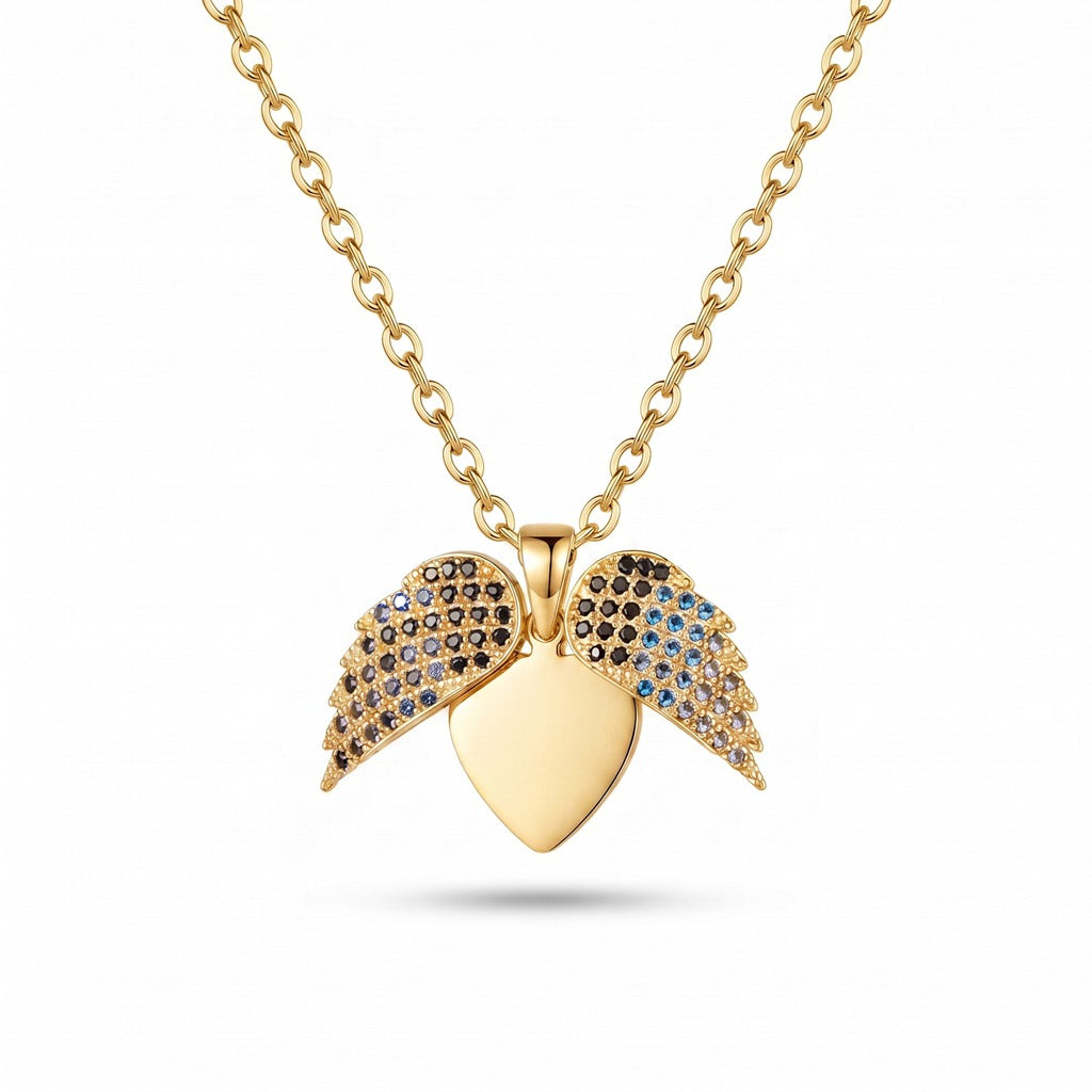 Personalized Angel Wings Engravable Heart Necklace with Ombré Cubic Zirconia - Gold1