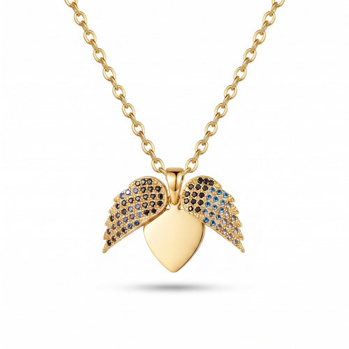 Personalized Angel Wings Engravable Heart Necklace with Ombré Cubic Zirconia - Gold1