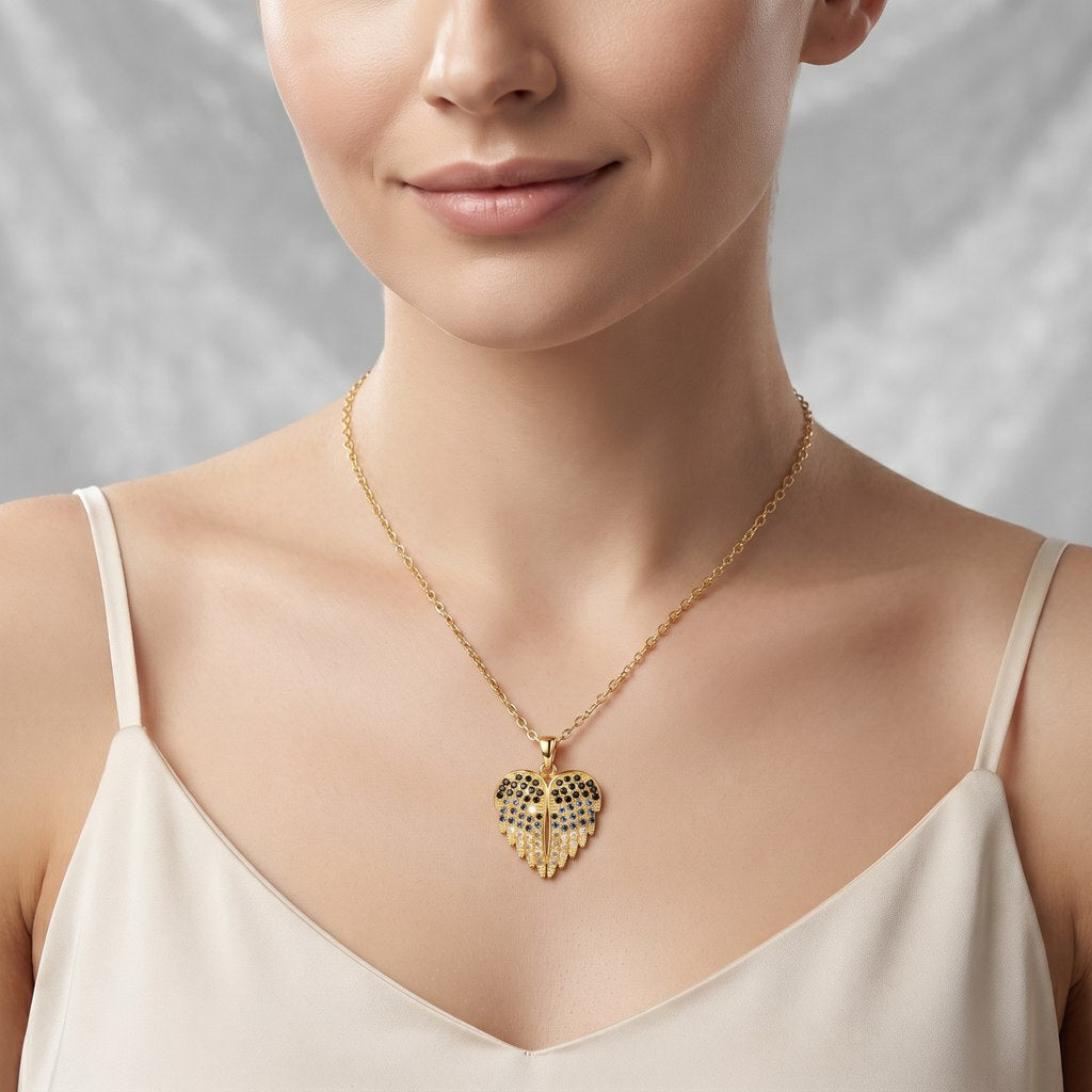 Personalized Angel Wings Engravable Heart Necklace with Ombré Cubic Zirconia - Gold2
