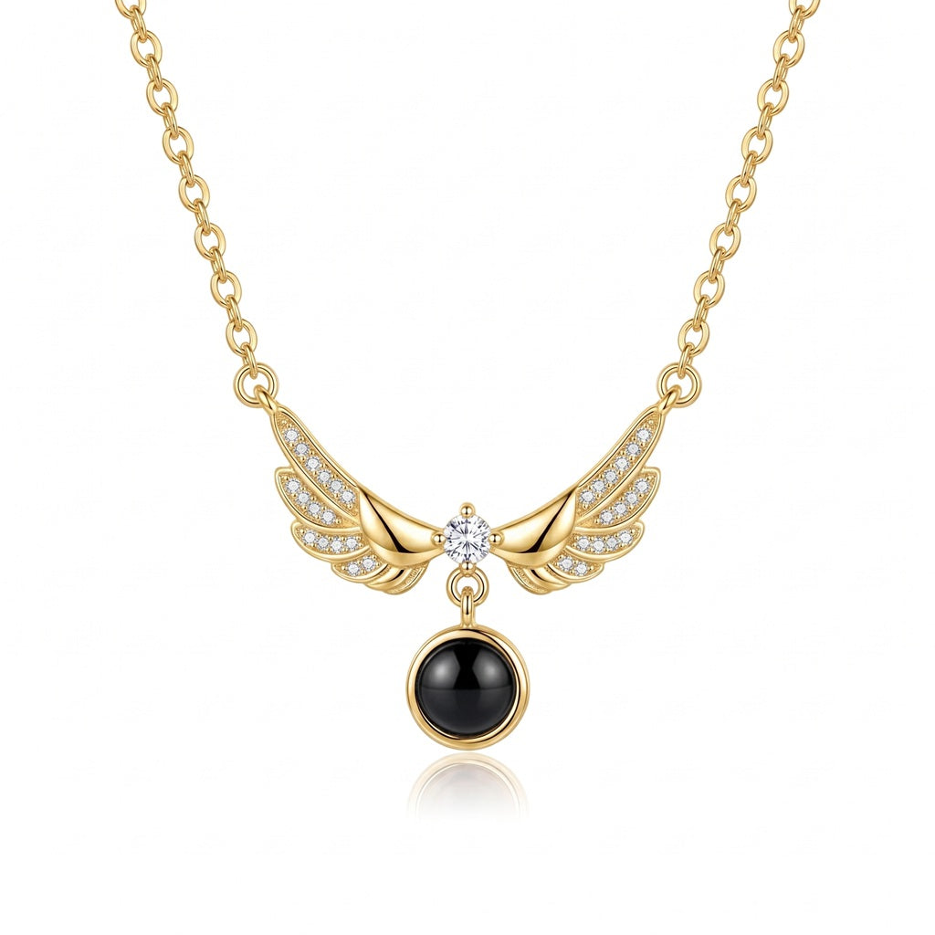 Personalized Angel Wings Photo Projection Necklace - Gold
