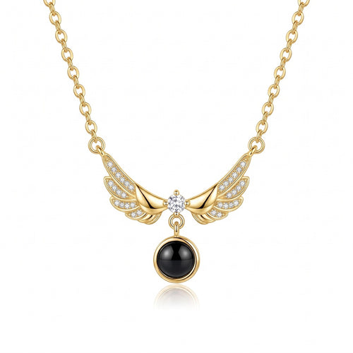 Personalized Angel Wings Photo Projection Necklace - Gold