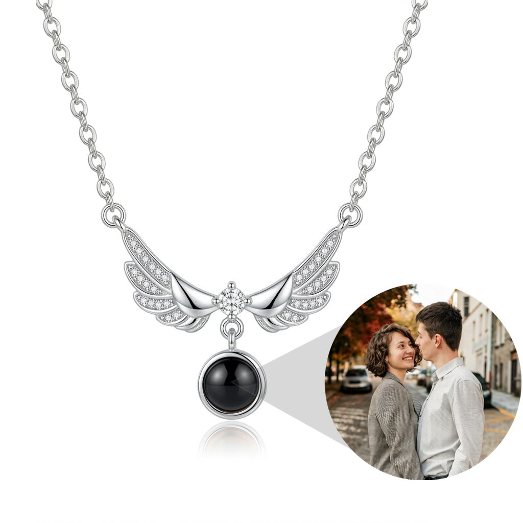 Personalized Angel Wings Photo Projection Necklace - Silver