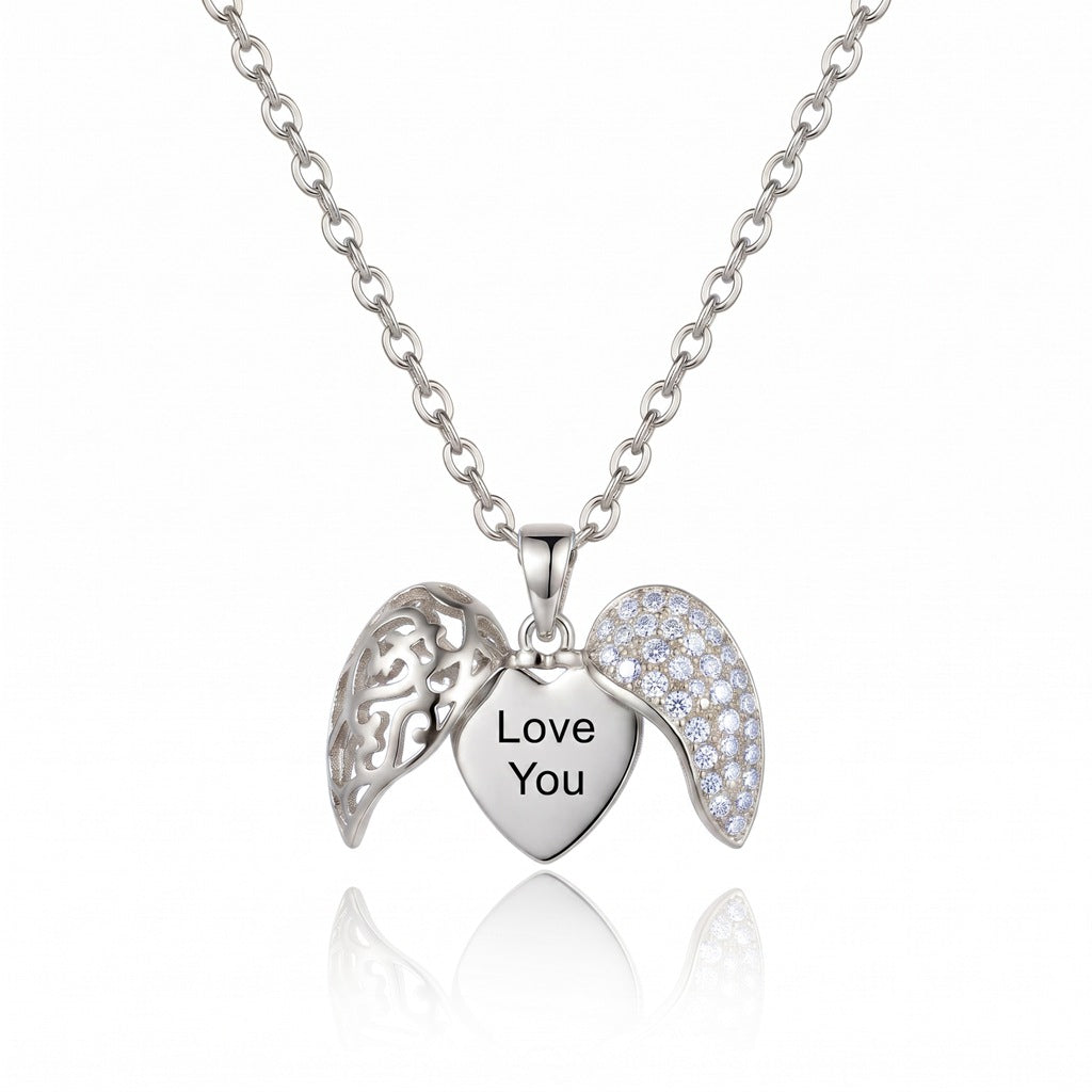 Personalized Angel Wings Secret Heart Locket Necklace With Engraving - Silver1