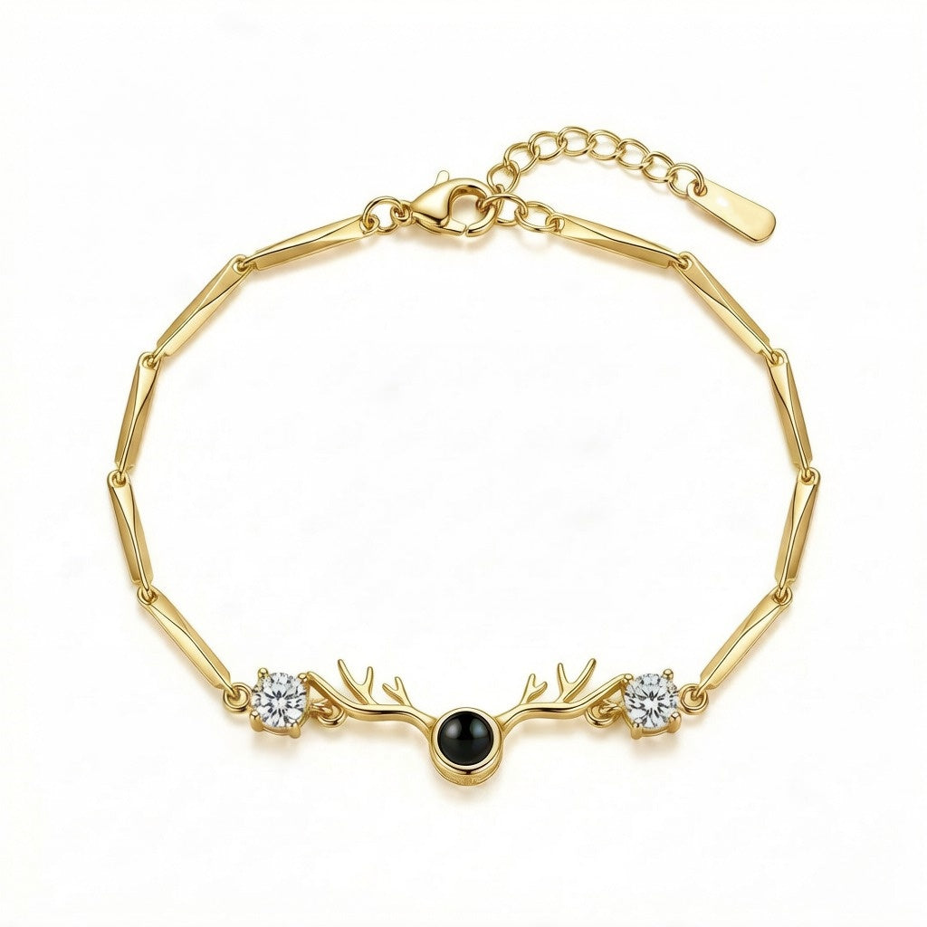 Personalized Antler Motif Photo Projection Bracelet - Gold