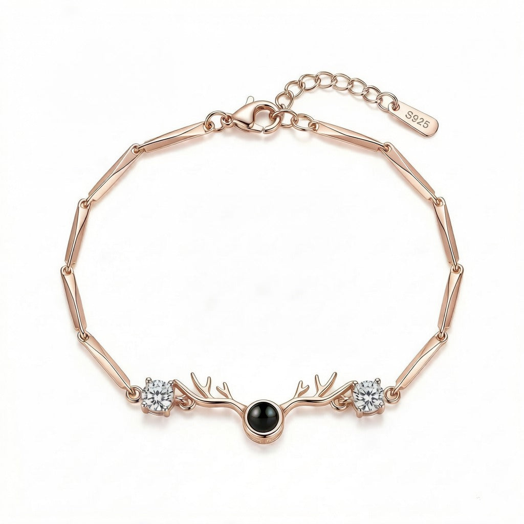 Personalized Antler Motif Photo Projection Bracelet - Rose Gold