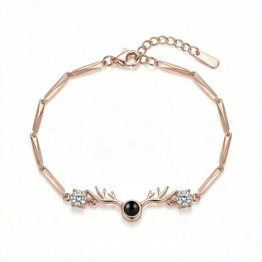 Personalized Antler Motif Photo Projection Bracelet - Rose Gold