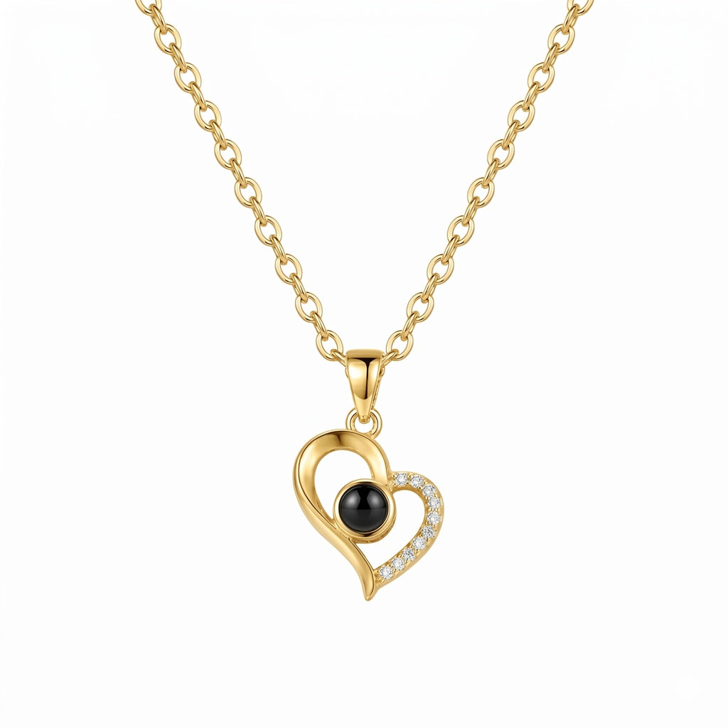Personalized Asymmetric Heart Photo Projection Necklace - Gold