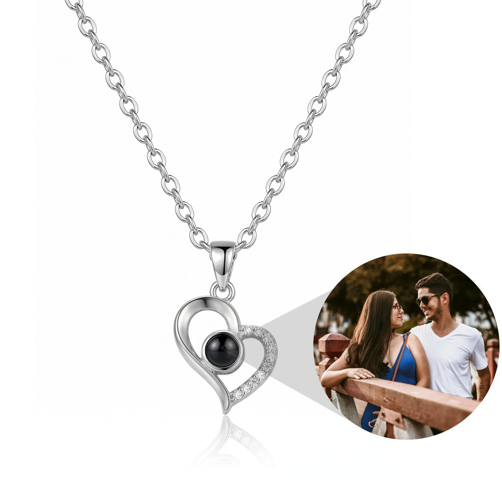Personalized Asymmetric Heart Photo Projection Necklace - Silver