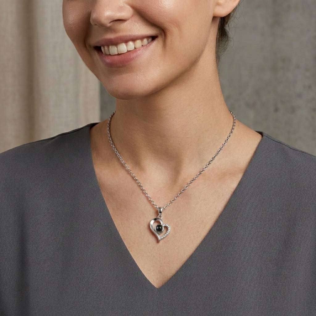 Personalized Asymmetric Heart Photo Projection Necklace - Silver1