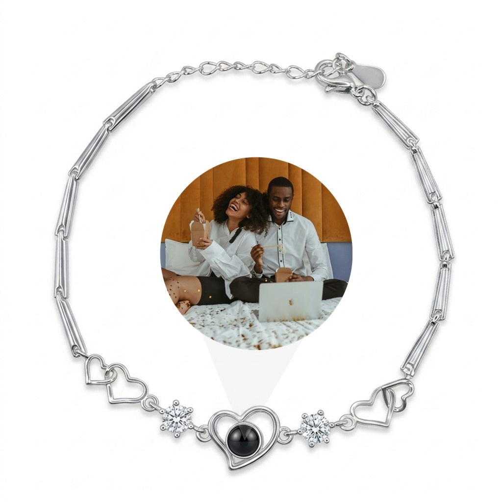 Personalized Bamboo Chain Heart Photo Projection Bracelet - Silver