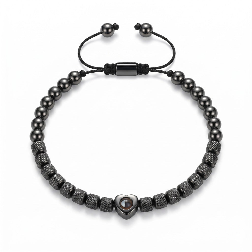 Personalized Beaded Heart Photo Projection Bracelet - Black