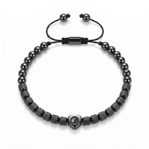 Personalized Beaded Heart Photo Projection Bracelet - Black
