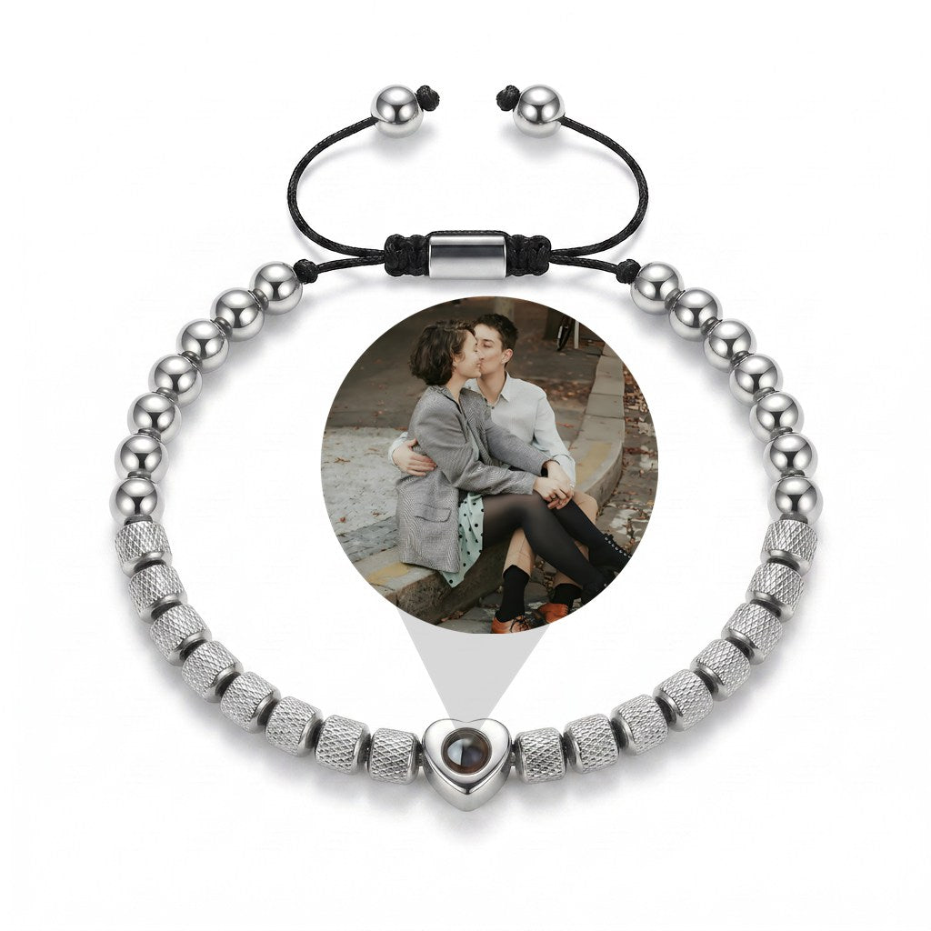 Personalized Beaded Heart Photo Projection Bracelet - Silver