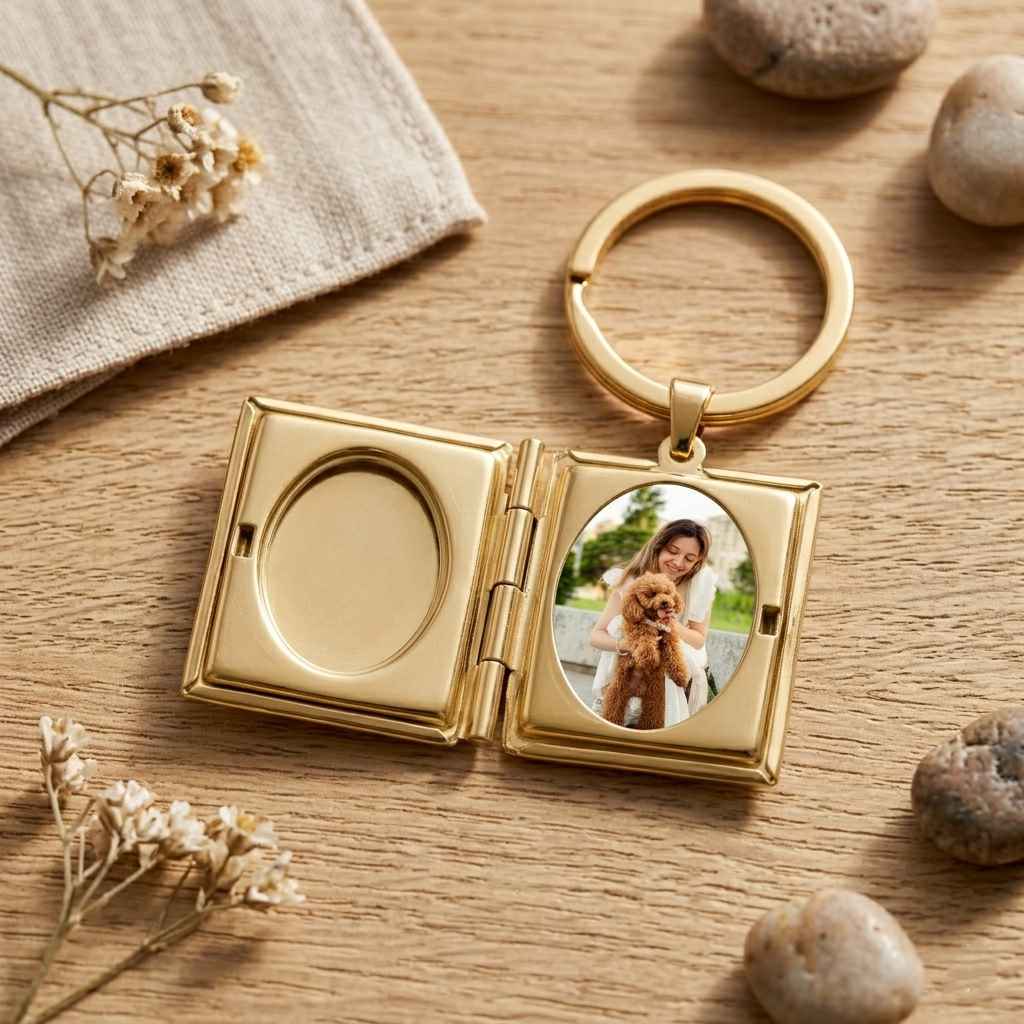 Personalized Book Photo Locket Keychain - Gold