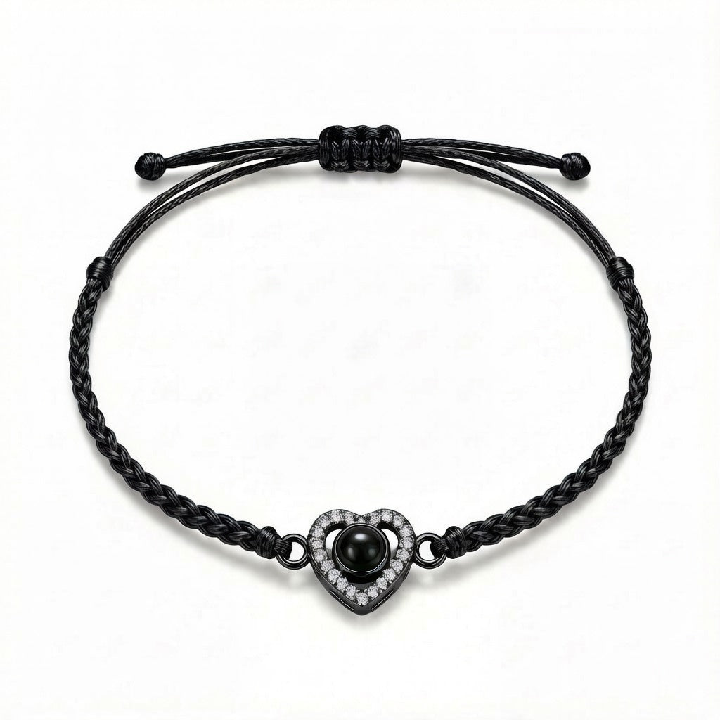 Personalized Braided Rope Heart Photo Projection Bracelet - Black