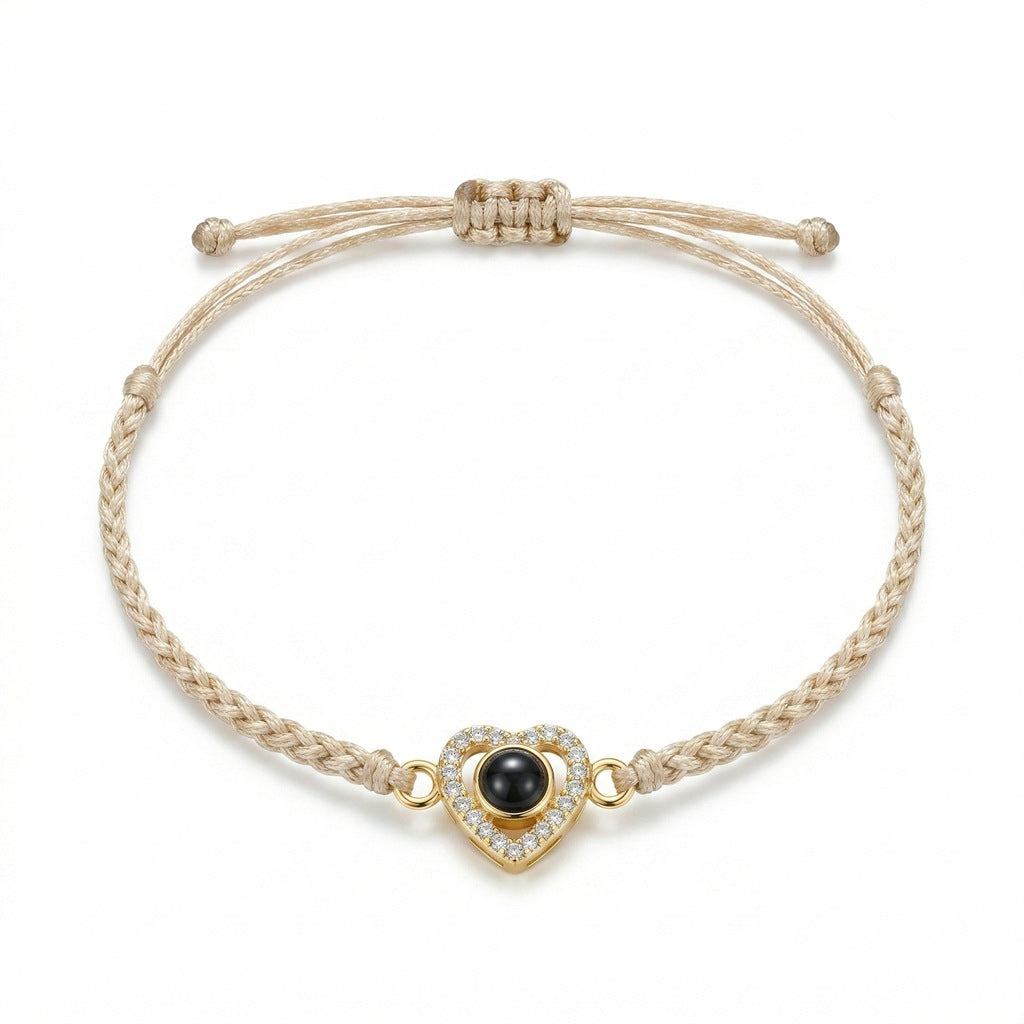Personalized Braided Rope Heart Photo Projection Bracelet - Gold