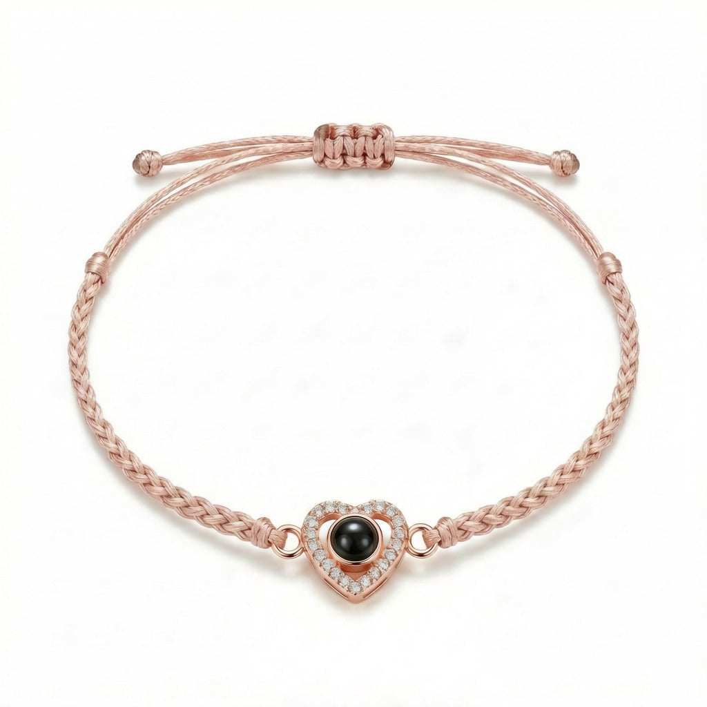 Personalized Braided Rope Heart Photo Projection Bracelet - Rose Gold