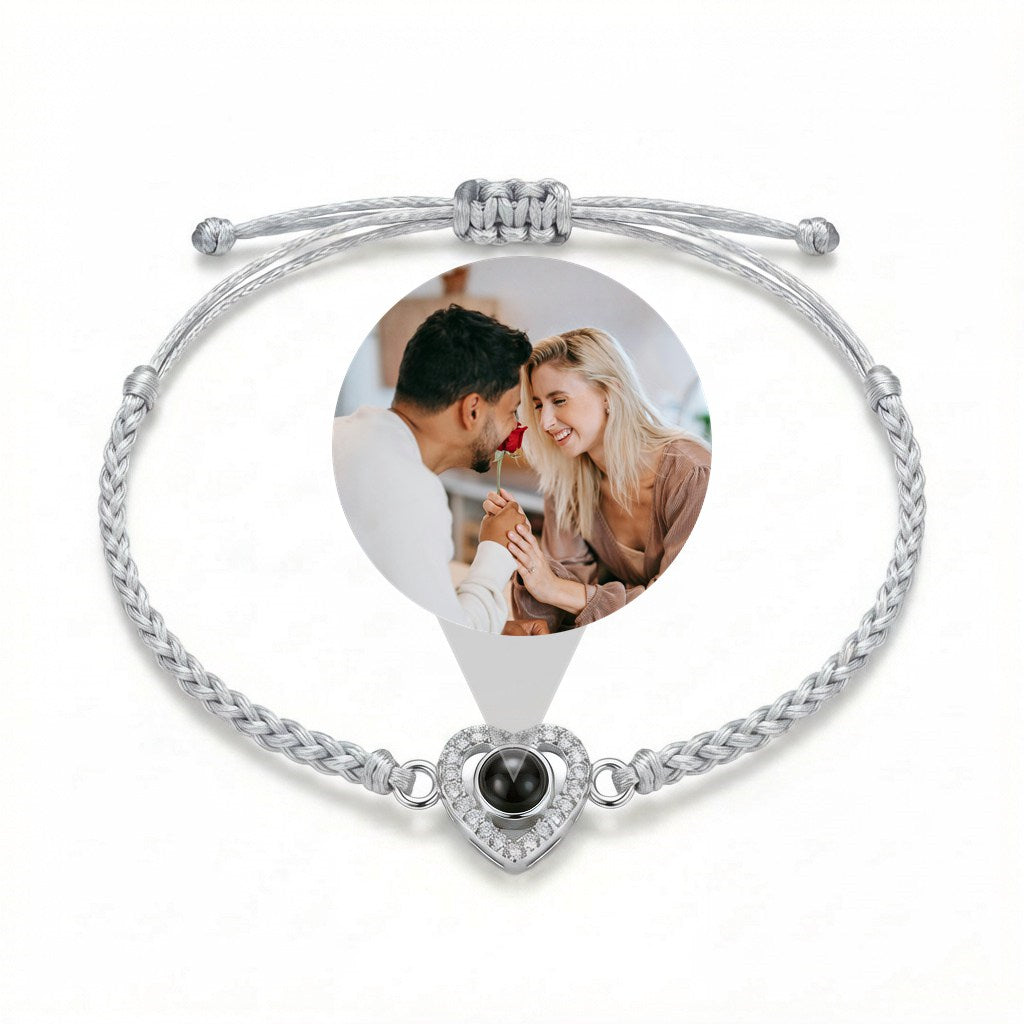 Personalized Braided Rope Heart Photo Projection Bracelet - Silver