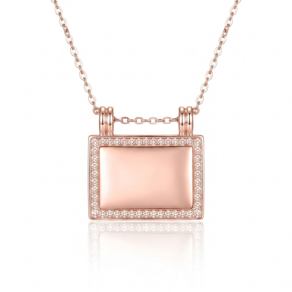 Personalized CZ Rectangle Photo Locket Necklace - Rose Gold