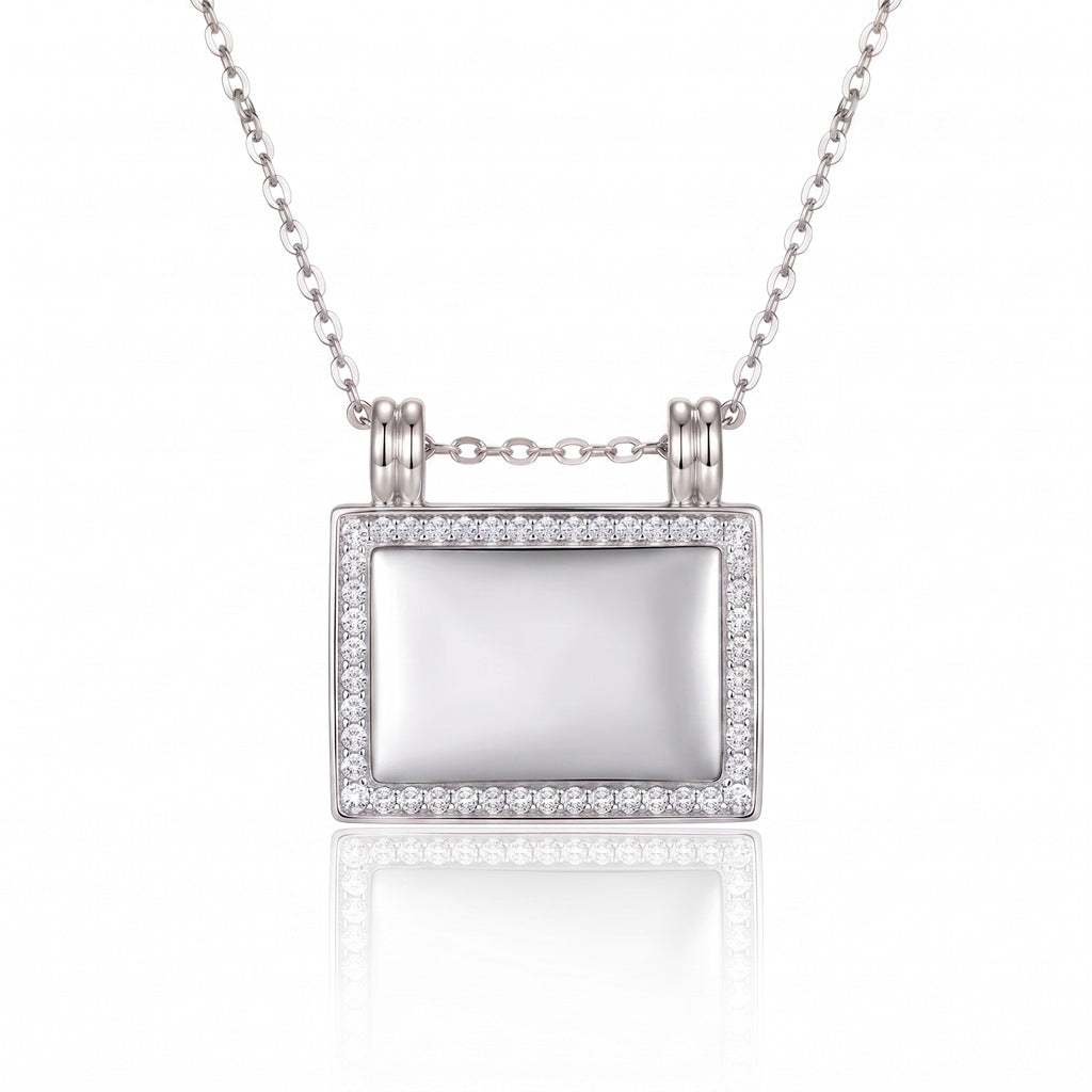 Personalized CZ Rectangle Photo Locket Necklace - Silver