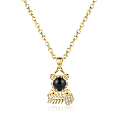 Personalized Cat And Fishbone Photo Projection Necklace - Gold
