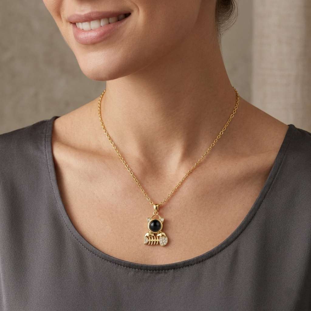 Personalized Cat And Fishbone Photo Projection Necklace - Gold1